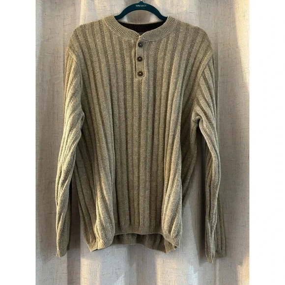 Oscar De La Renta Henley Sweater Mens Size L Cable Knit Tan - Picture 1 of 5
